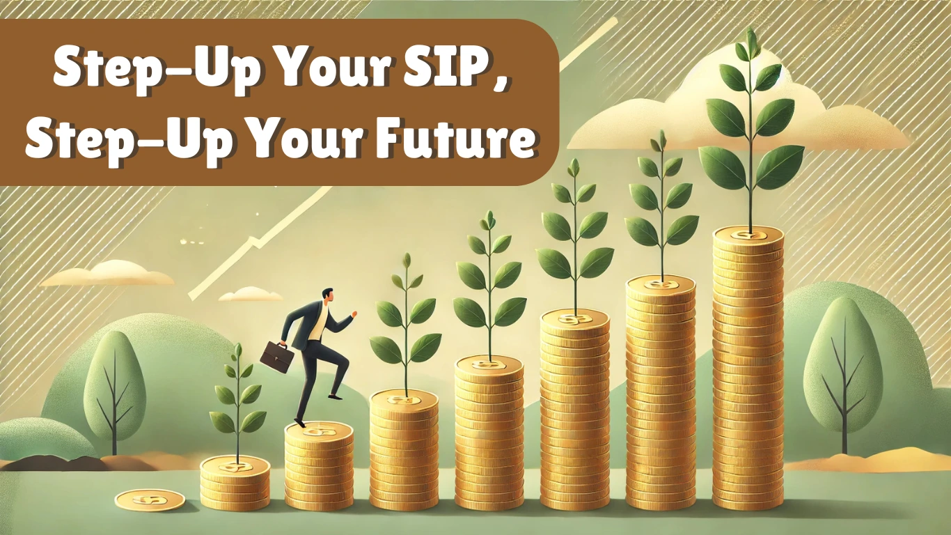 A landscape digital illustration showing the concept of Step-Up SIP investment. A series of stacked coins forming ascending steps, with each steps up