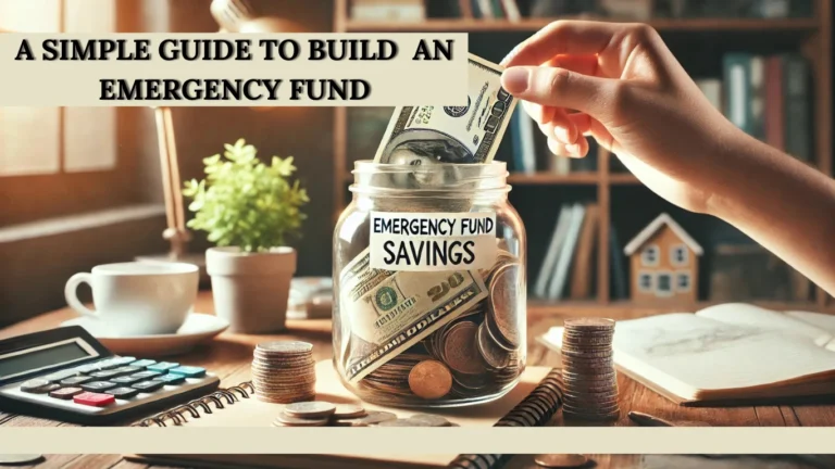 A jar filled with cash and coins on a home study table, with a hand placing a banknote inside, symbolizing an emergency fund.