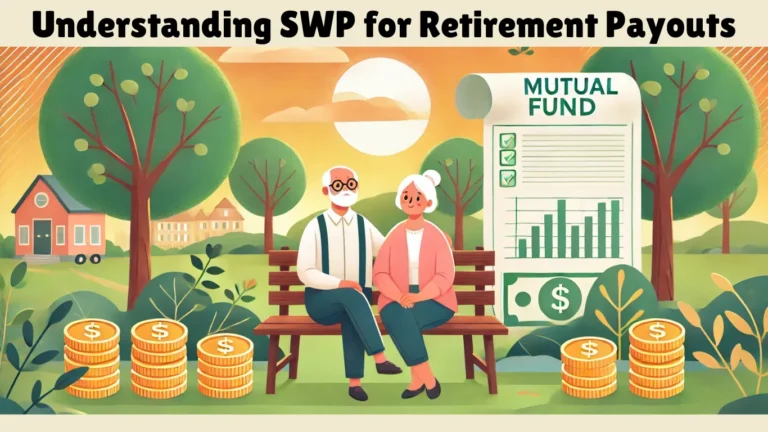 An attractive landscape illustration showing a peaceful retirement concept with mutual funds. An elderly couple is sitting on a wooden bench in a park